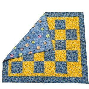 Handcrafted Patchwork Baby Quilt Star Pattern Two Sided Yellow & Blue Unisex